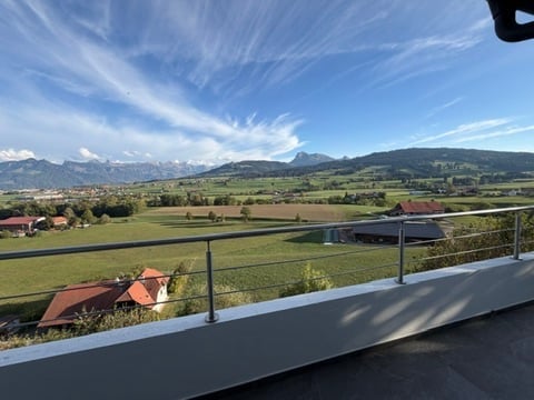 Balcony with metal railing overlooking a green field and distant mountains under a clear blue sky.