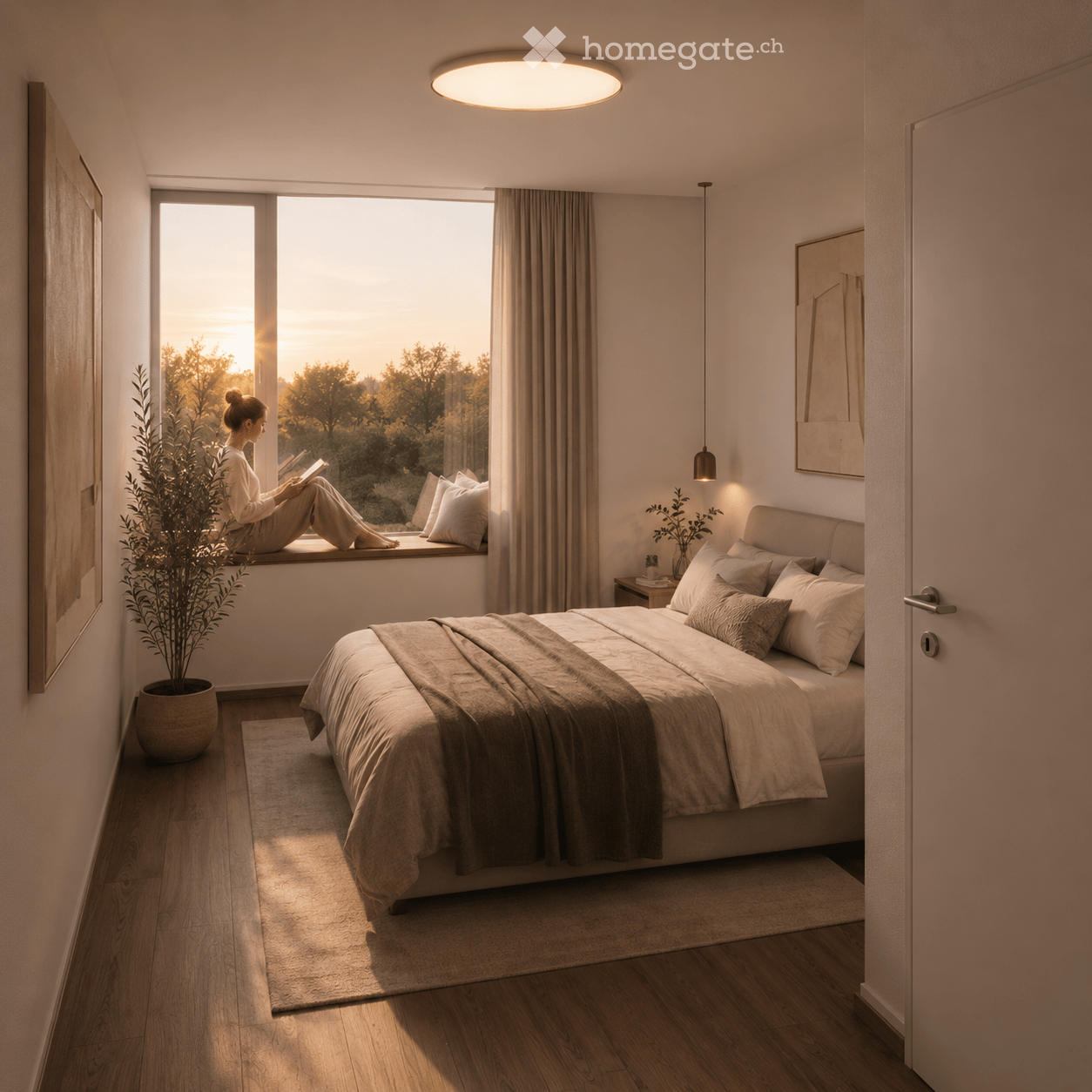 Modern bedroom with a large bed, nightstand, potted plant, and large window with a view of trees.