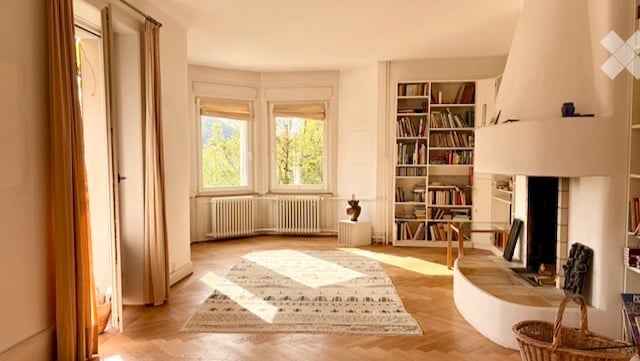 Bright living room with large windows, wooden flooring, a fireplace, bookshelf, and a patterned rug.