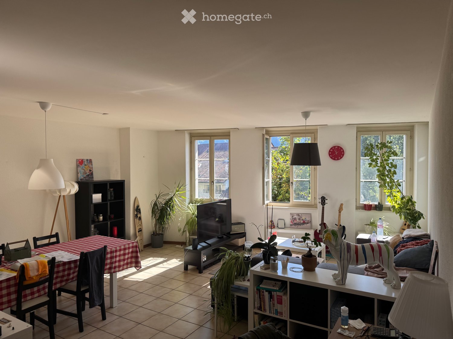 Bright living and dining area with a sofa, dining table, chairs, TV, bookshelf, guitars, and plants. The space features large windows and a modern aesthetic.