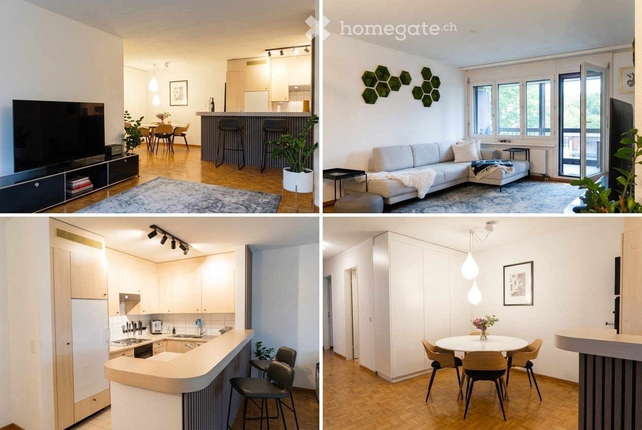 Four images showing a modern, well-furnished apartment with a living room, dining area, kitchen, and bedroom. The living room features a grey sectional sofa, coffee table, TV stand, and potted plants. The dining area has a round table with chairs. The kit