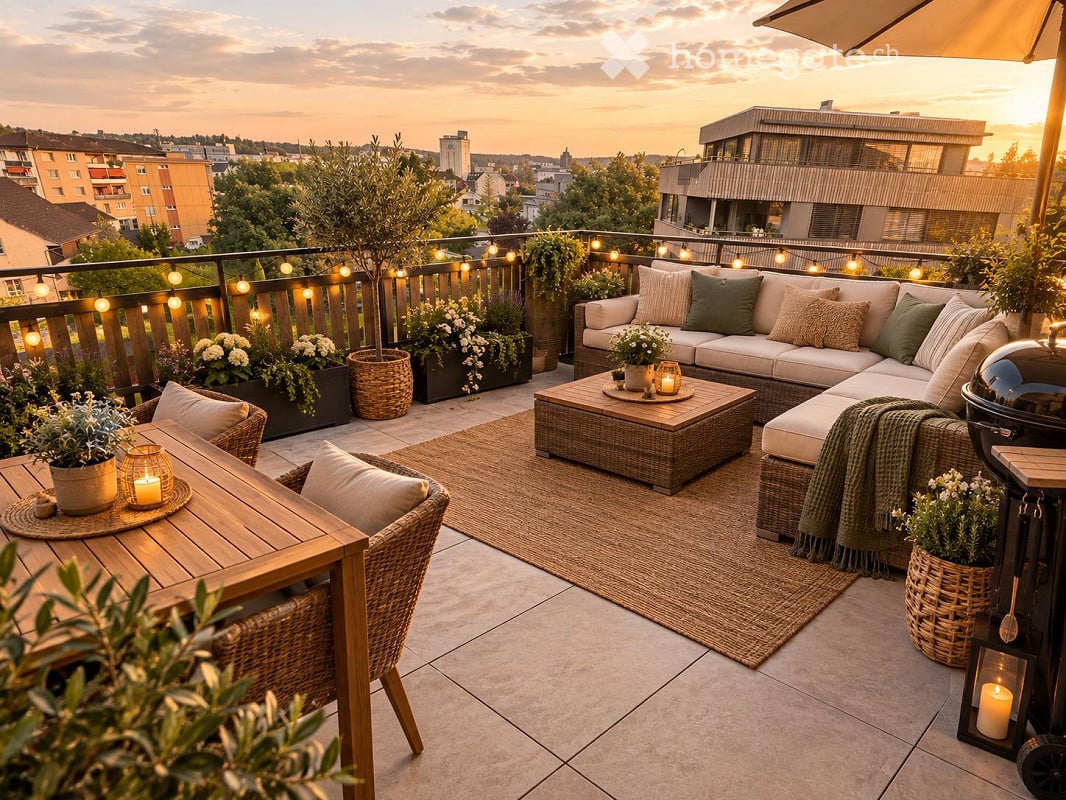 A modern rooftop terrace with a sectional sofa, coffee table, dining table, chairs, candles, and potted plants, overlooking a cityscape at sunset.