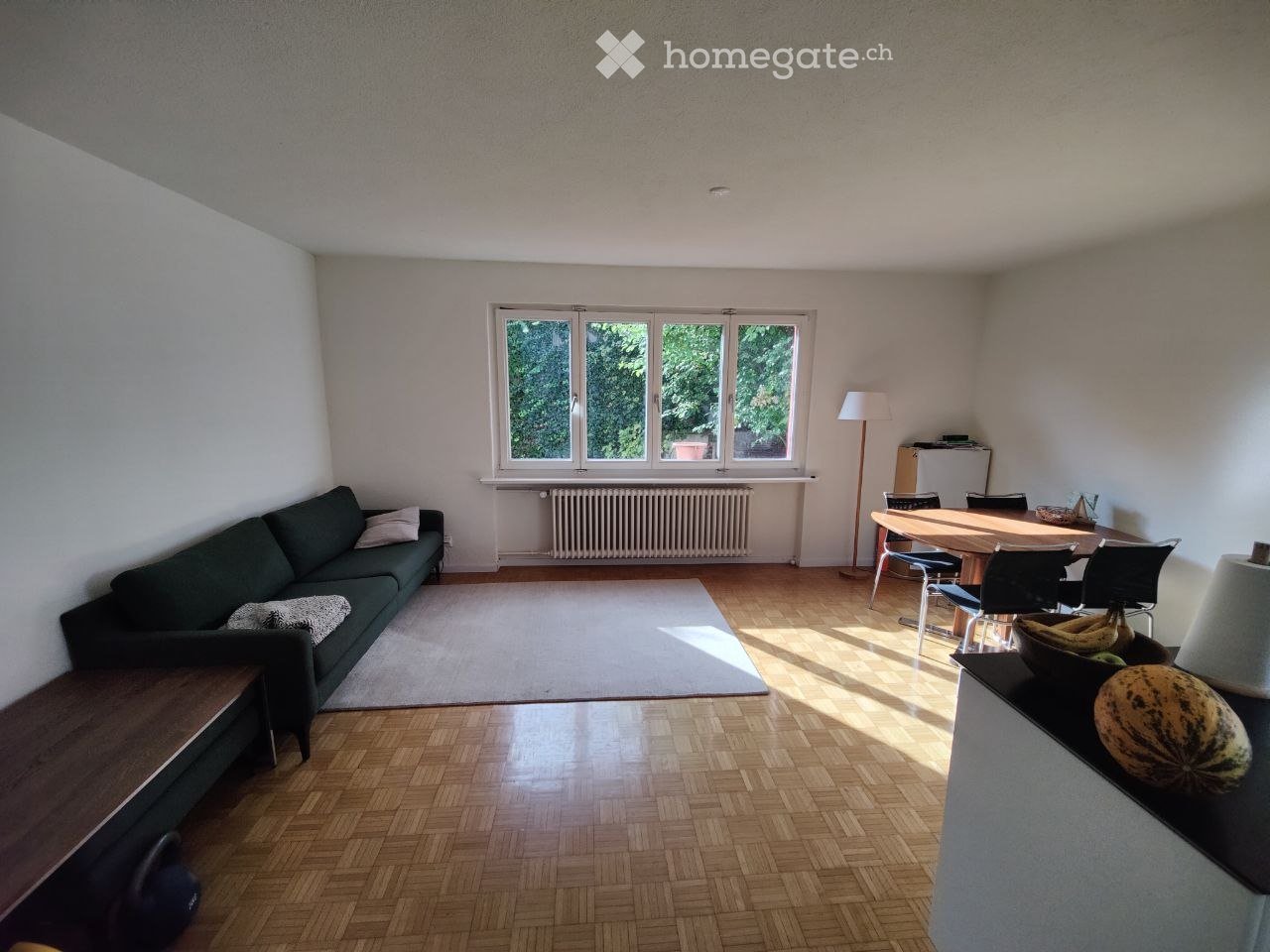 A well-lit living and dining area with wooden flooring, a dark green sofa, a dining table with chairs, and a floor lamp. The room features large windows with a view of greenery outside.