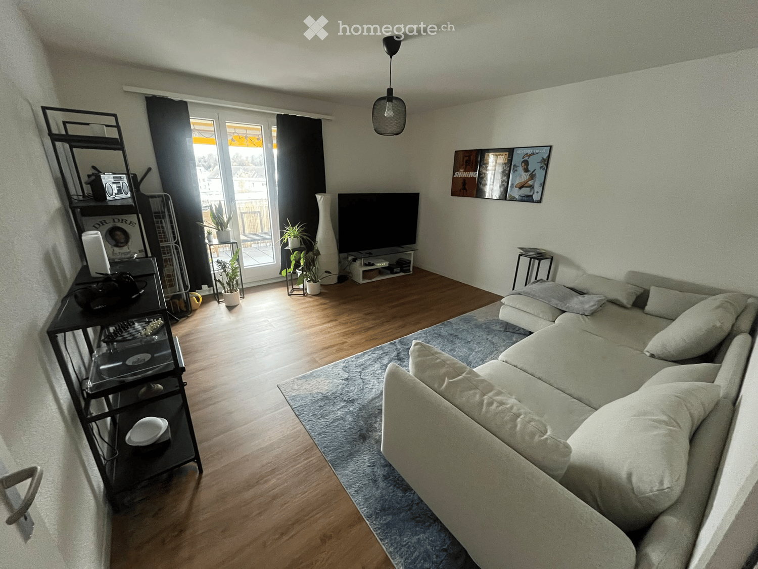 Modern living room with a grey sectional sofa, pendant light, TV, shelf with various items, and plants near the window.