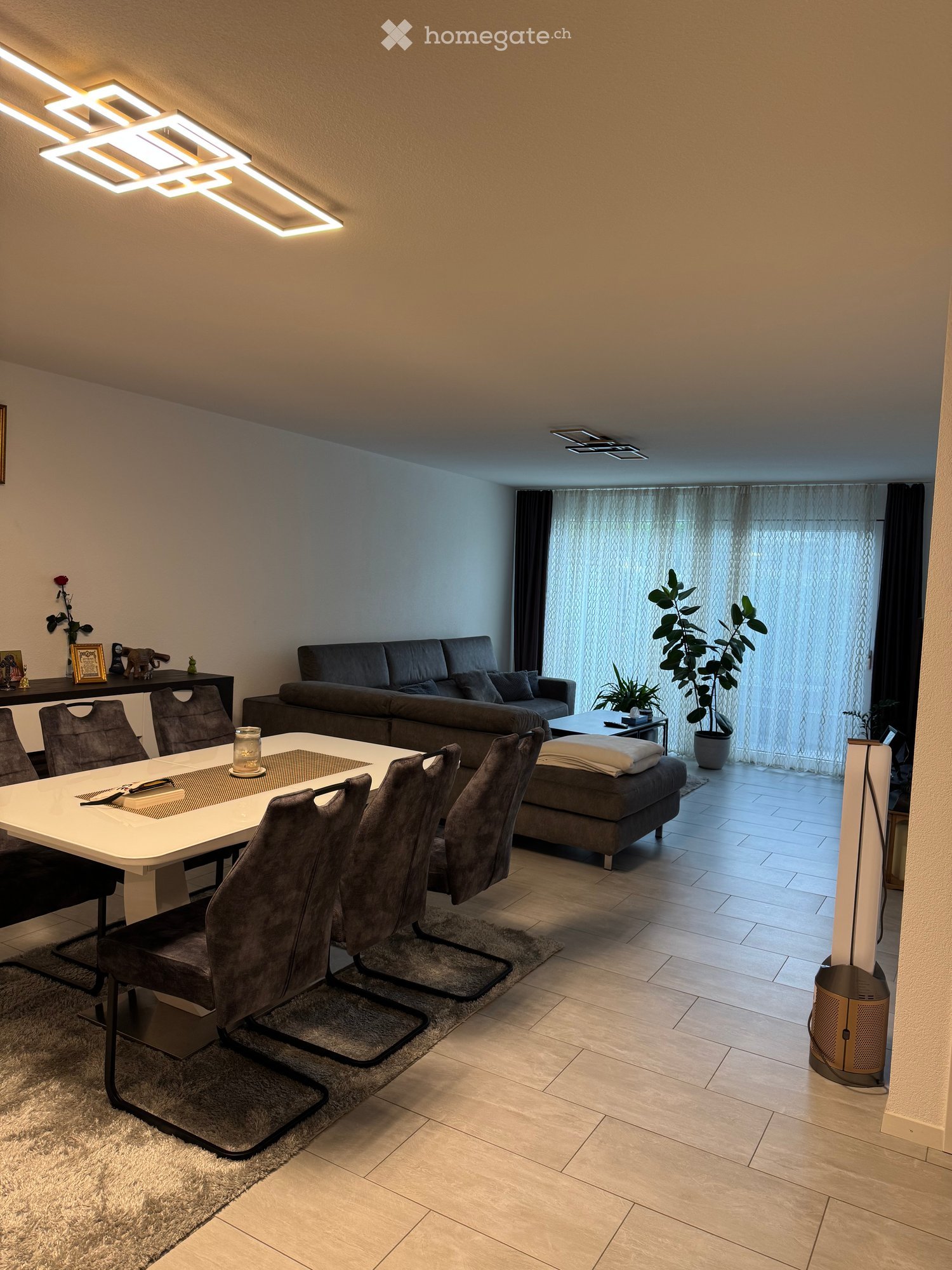 Modern living and dining area with a grey sofa, ottoman, dining table with chairs, side table, and decorative plants.