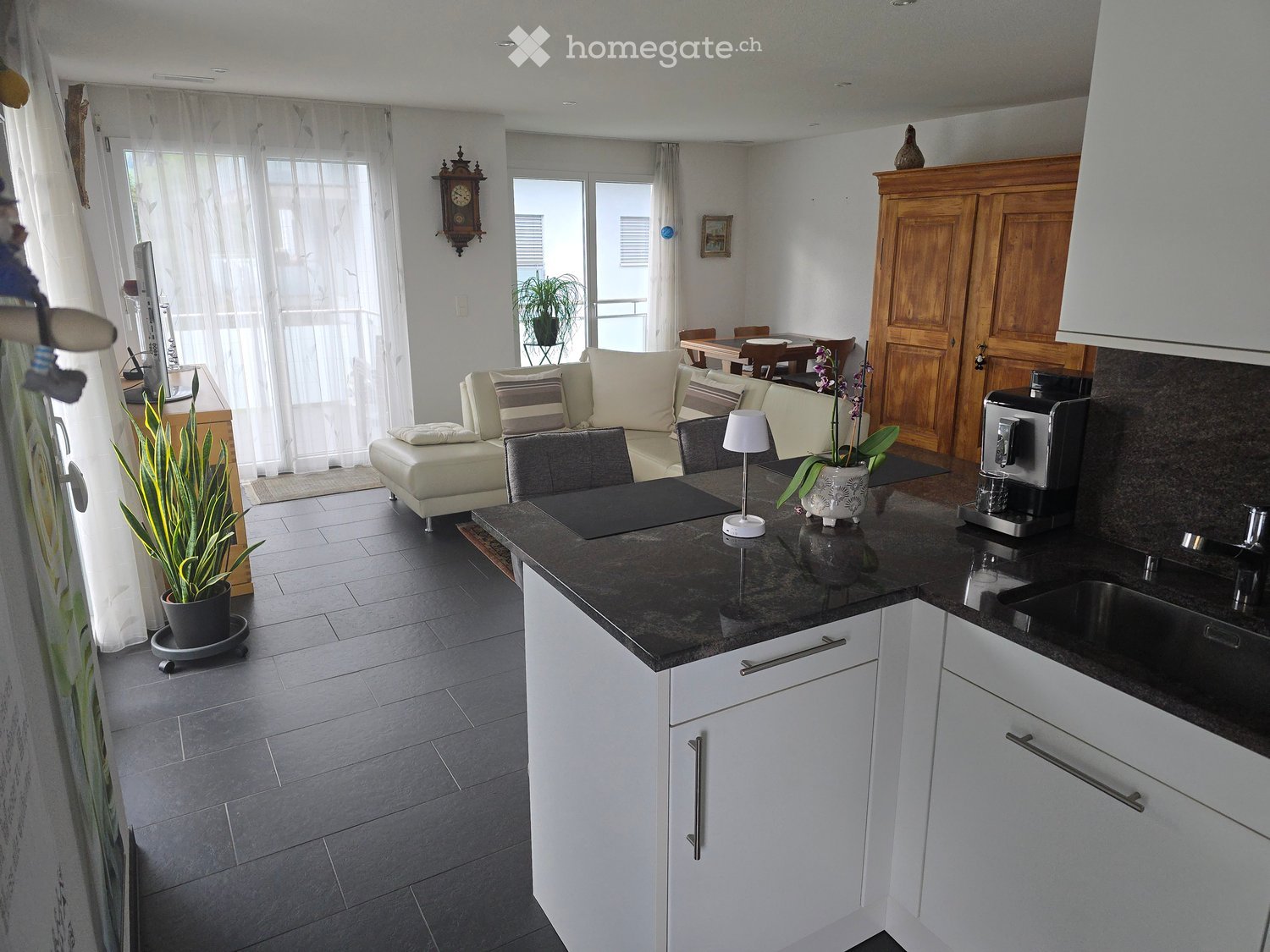 Open-plan living and dining area with a modern kitchen. Features a white sofa, coffee table, dining table with chairs, a coffee machine, and a potted plant.