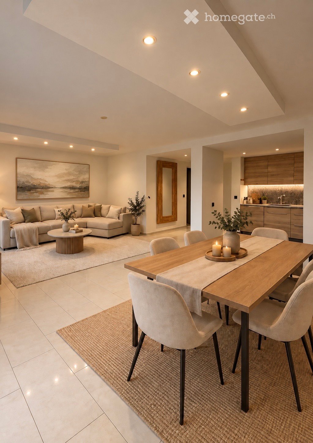 Open-concept living and dining area with a modern aesthetic. Features a large sectional sofa, coffee table, dining table with chairs, and a contemporary kitchen area with cabinets and a sink.