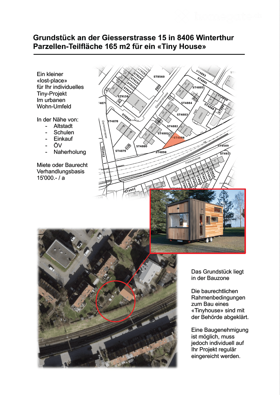 Floor plan of a 165 m2 plot at Giesserstrasse 15 in 8406 Winterthur, showing location and surrounding area, with a tiny house illustration.