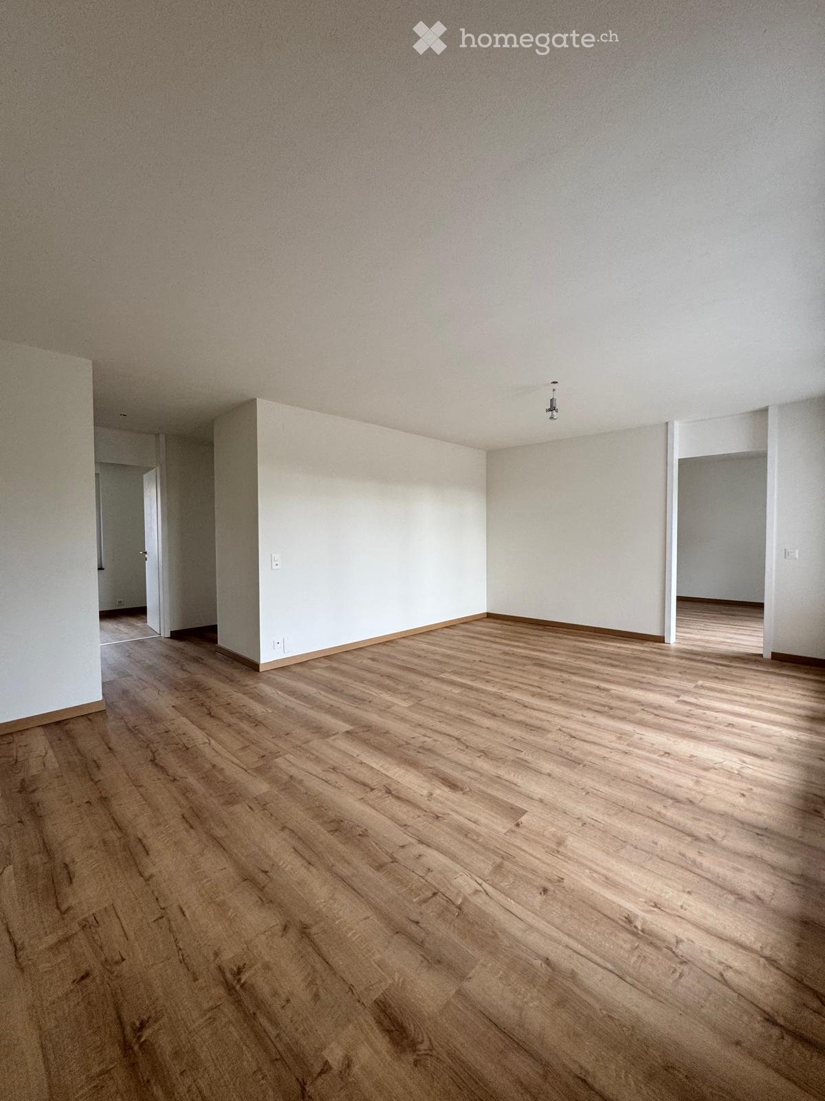 Empty room with wooden flooring and white walls, featuring a single light fixture on the ceiling and a doorway leading to another room.