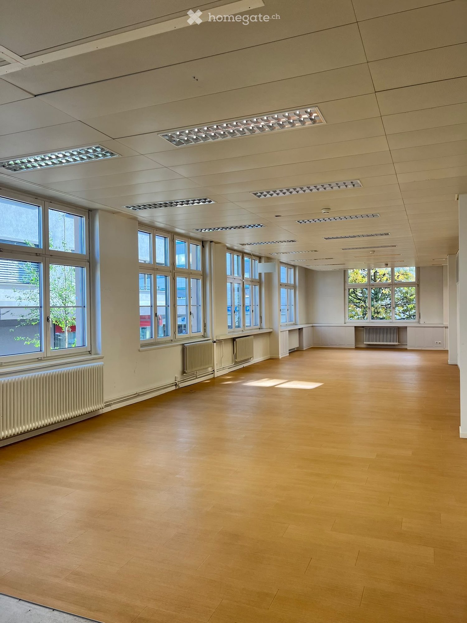 Empty room with light wooden flooring, white walls, large windows, and radiators along the walls.