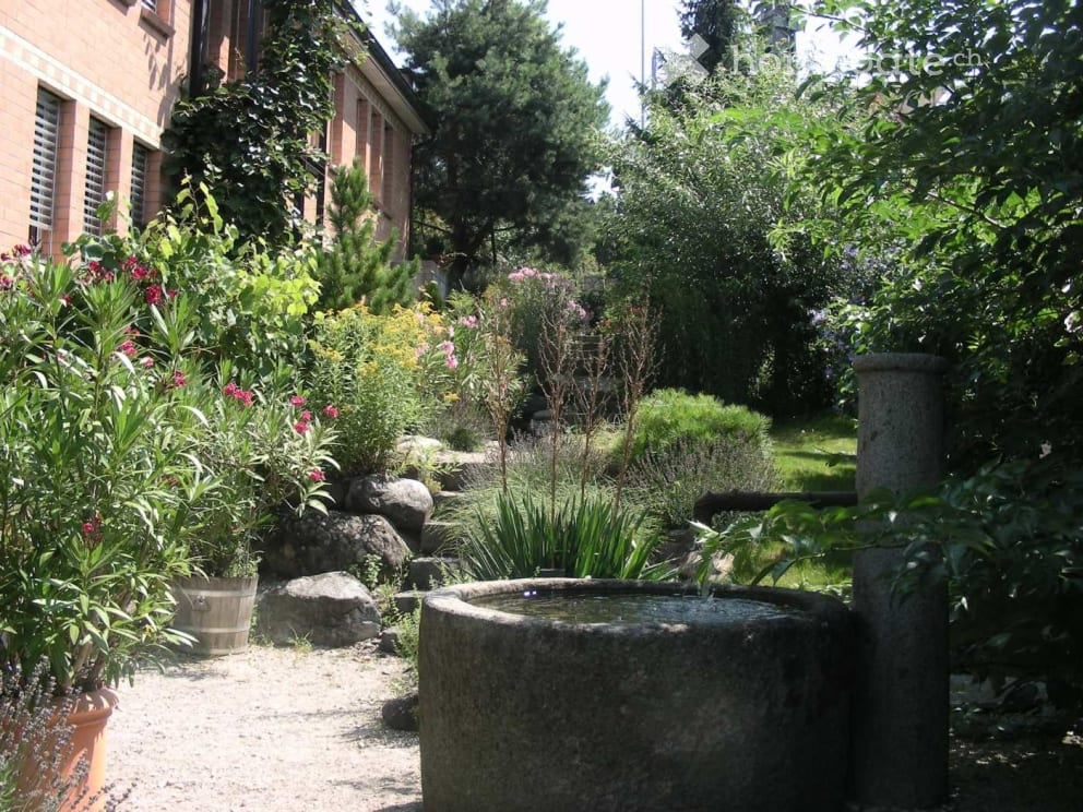 A well-maintained garden with a stone fountain, various plants, shrubs, and trees, surrounded by a brick building.