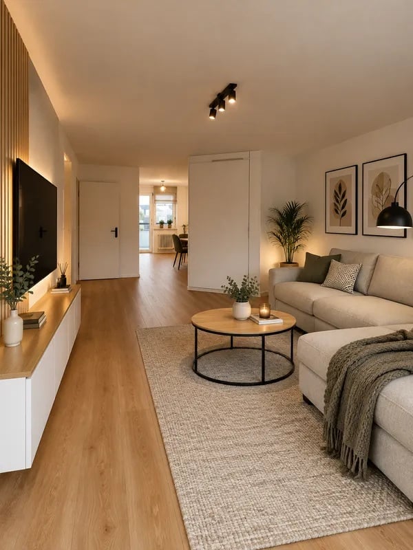 Modern living room with light wood flooring, a grey sofa, a round coffee table, a TV stand, and decorative plants.