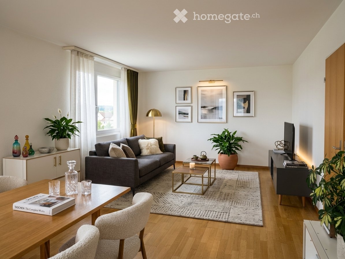 Modern living room with grey sofa, coffee table, wooden floor, large windows, decorative plants, and artwork on the walls.