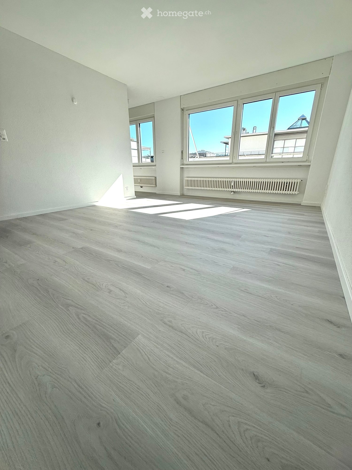 Empty room with light grey wooden flooring, white walls, large windows, and radiators. No furniture or equipment present.