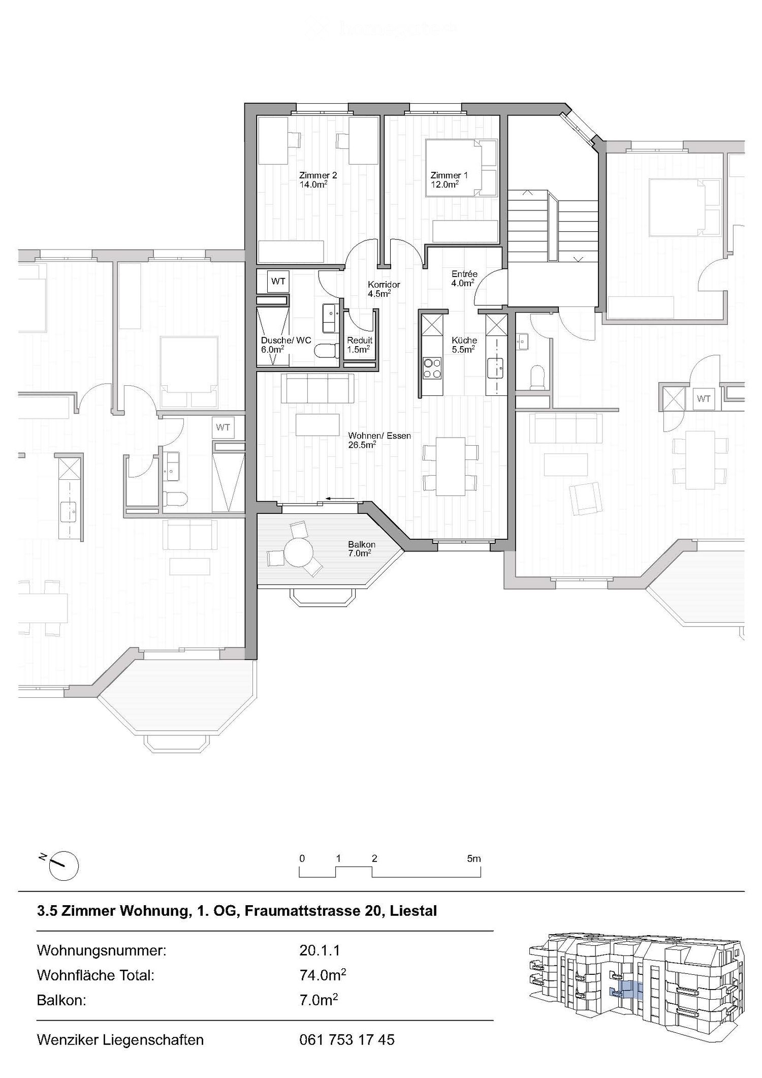 Floor plan of a 3.5-room apartment on the first floor, including two bedrooms, a living/dining area, kitchen, bathroom, shower/WC, hallway, entrance, and balcony.