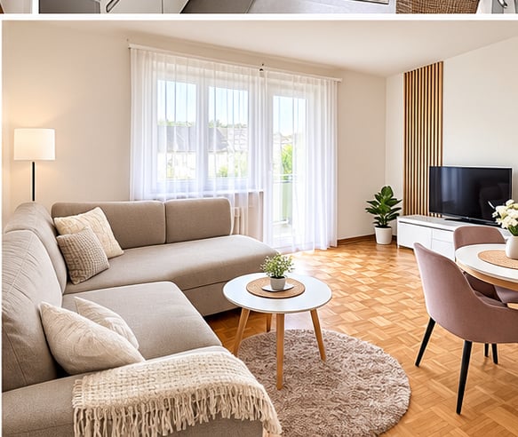 Modern living room with a beige sectional sofa, wooden coffee table, round dining table with chairs, floor lamp, TV, and small potted plants.