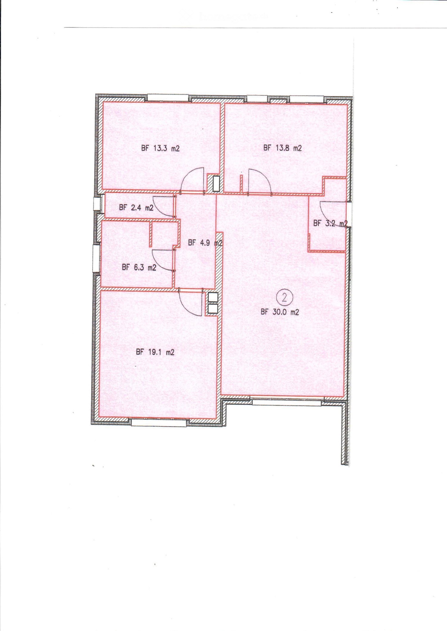 Floor plan showing multiple rooms labeled with square meterages, including a large central space and several smaller rooms.