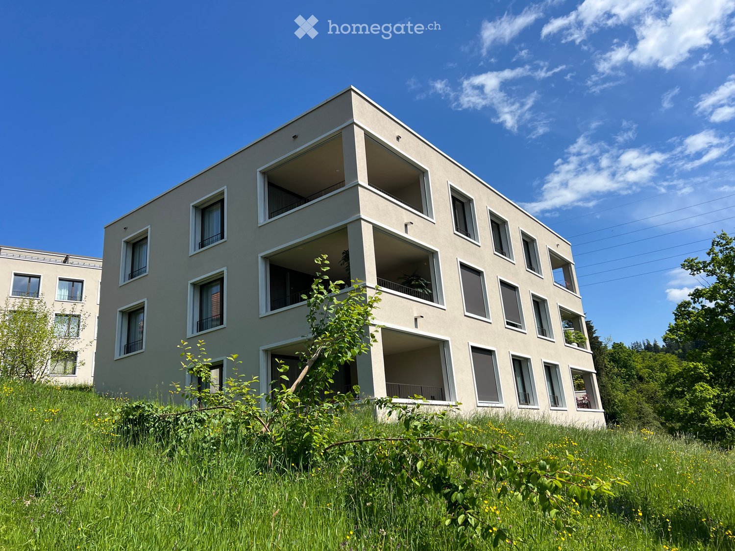 Modern multi-story building with large windows and balconies, surrounded by greenery and grass.