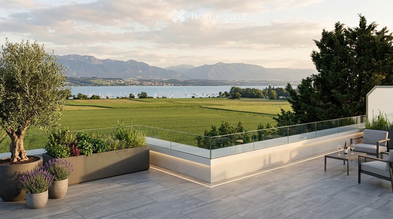 A modern balcony with a glass railing, outdoor seating area, and scenic view of a lake and mountains.