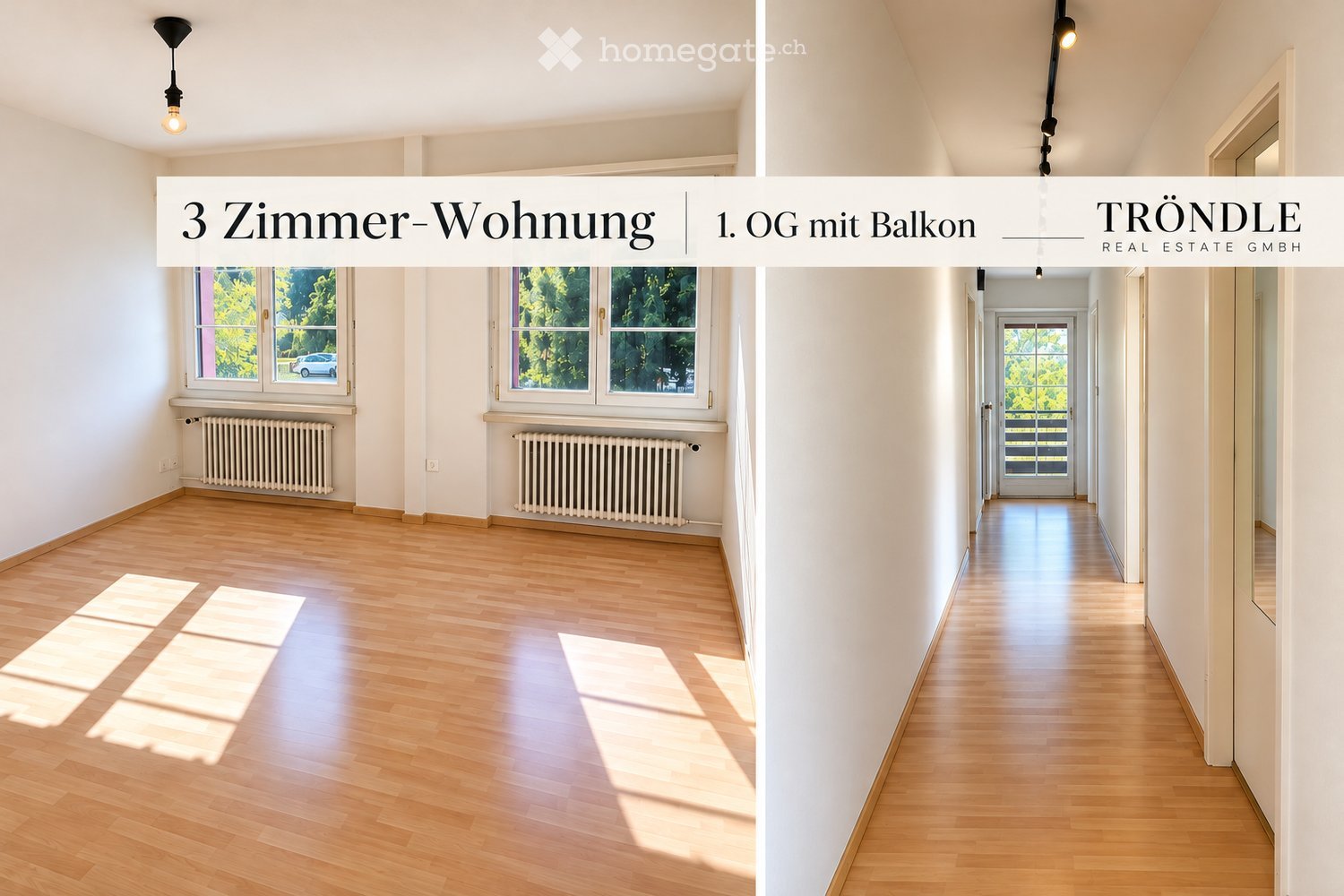 Empty room with wooden flooring, white walls, large windows, radiators, and natural light. No furniture or equipment present.