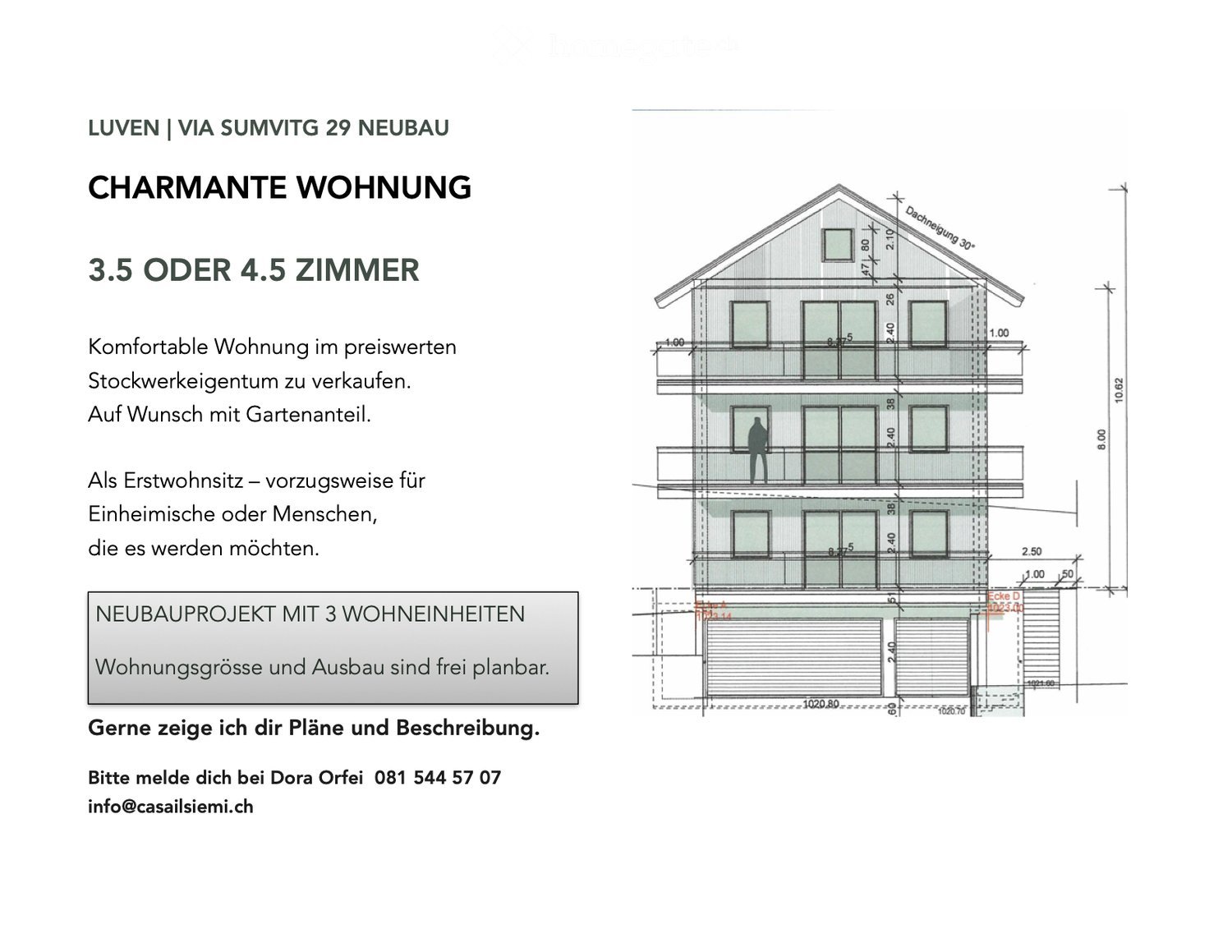 Floor plan of a 3.5 or 4.5 room apartment in a new construction project with three units, showing dimensions and layout.