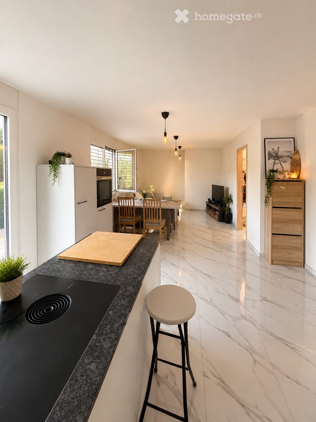 Modern kitchen with white cabinets, black granite countertops, a dining area with a table and chairs, and a living area with a TV and cabinet. Features include a marble floor, pendant lights, and potted plants.