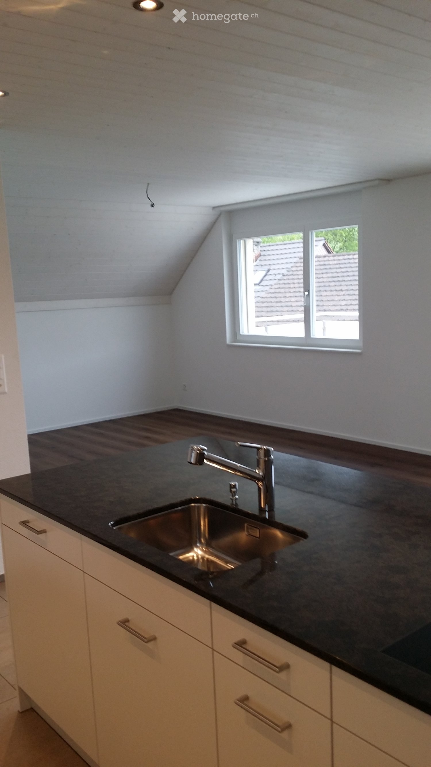 Modern kitchen with a black countertop, stainless steel sink, and white cabinets with silver handles. A window with a view of a roof is visible.