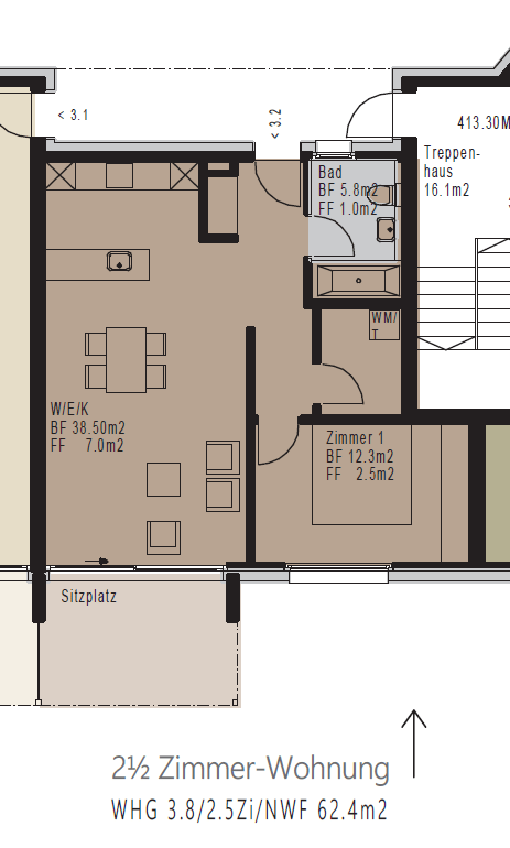 Floor plan of a 2.5-room apartment with living/dining area, bedroom, bathroom, and hallway.