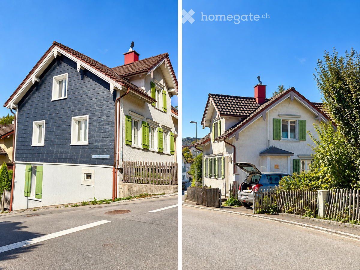 Two images of residential houses with distinct facades, one painted dark blue with green shutters and the other white with green shutters, both featuring pitched roofs and chimneys.