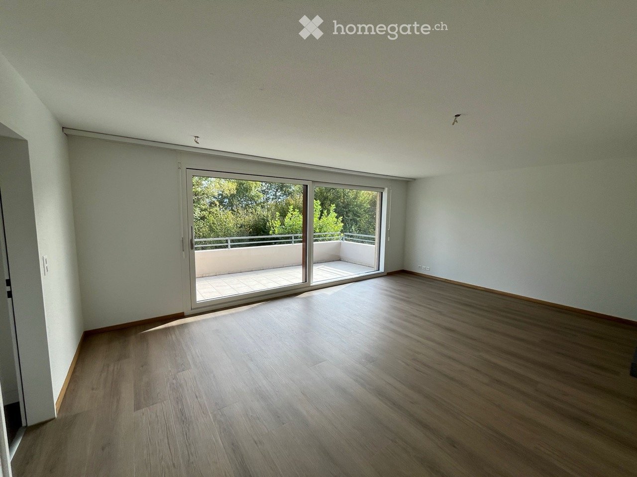 Empty room with wooden flooring, large sliding glass door leading to a balcony, white walls, and natural light.
