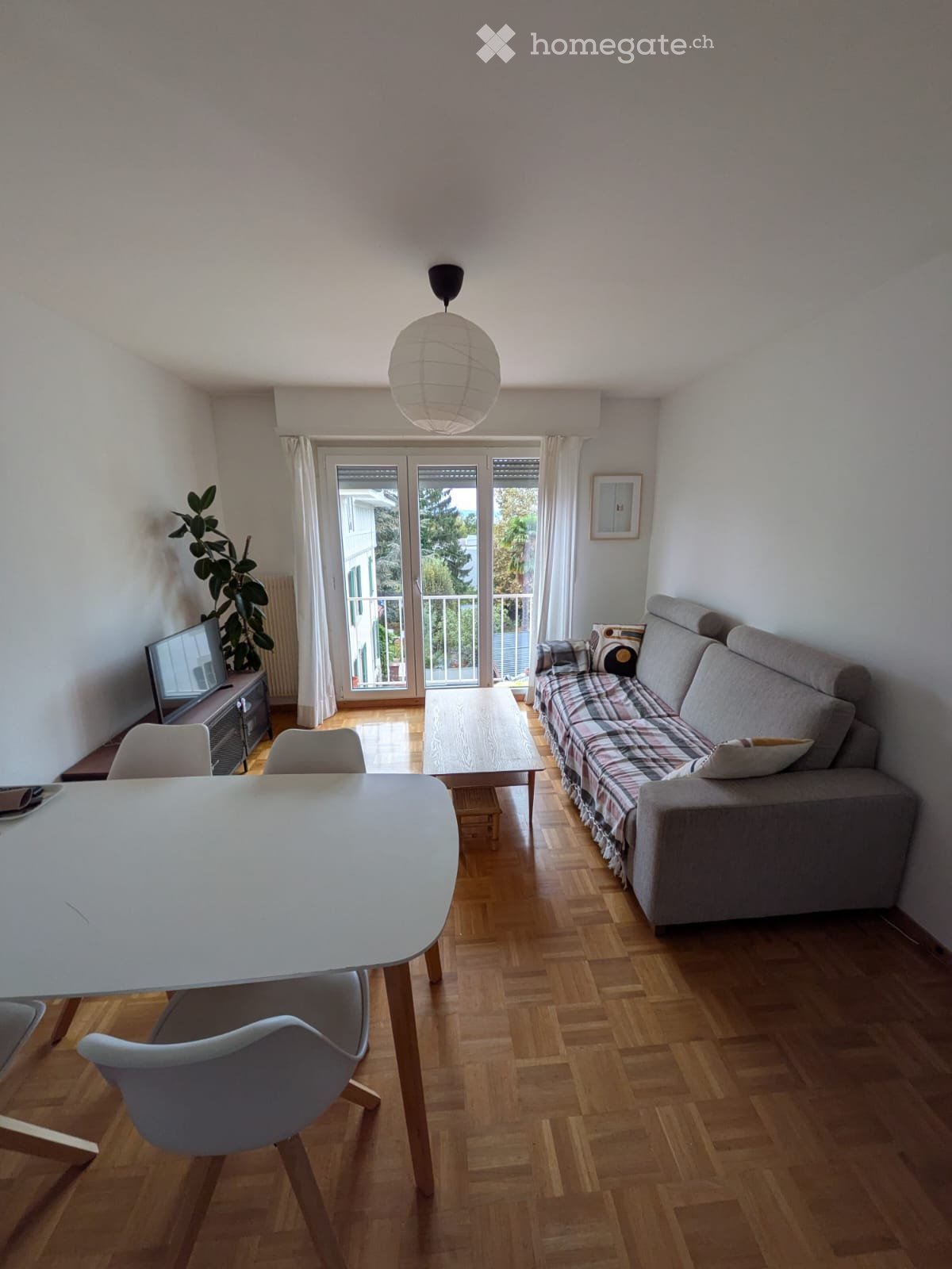 A modern living room with a grey sofa, a wooden coffee table, a dining table with chairs, a TV, and a hanging lamp.