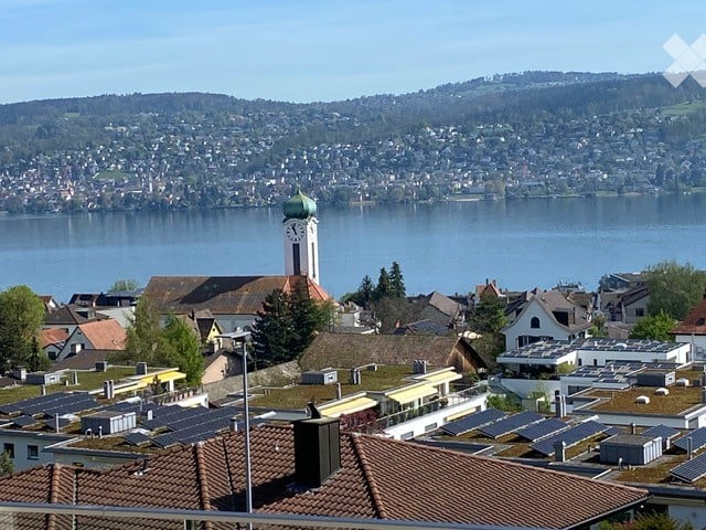 Aerial view of a town with several buildings, a clock tower, lake and mountains in the background