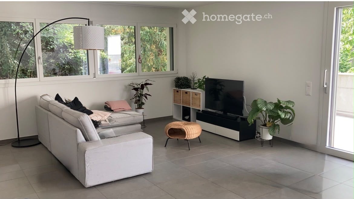 Modern living room with large windows, white sofa, coffee table, floor lamp, TV, storage unit, and decorative plants.