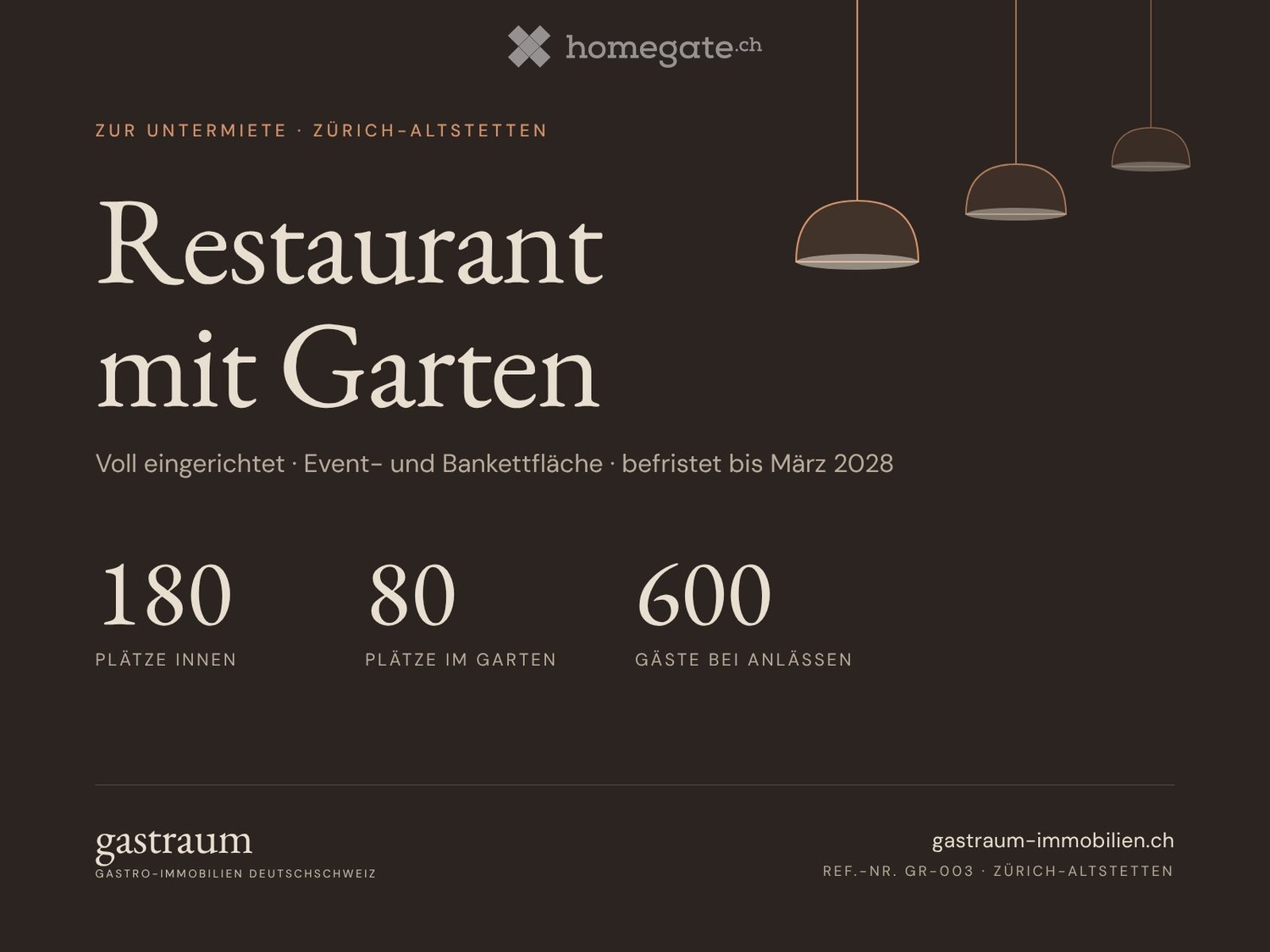 Promotional poster for a restaurant with garden, featuring large text and three hanging pendant lights.