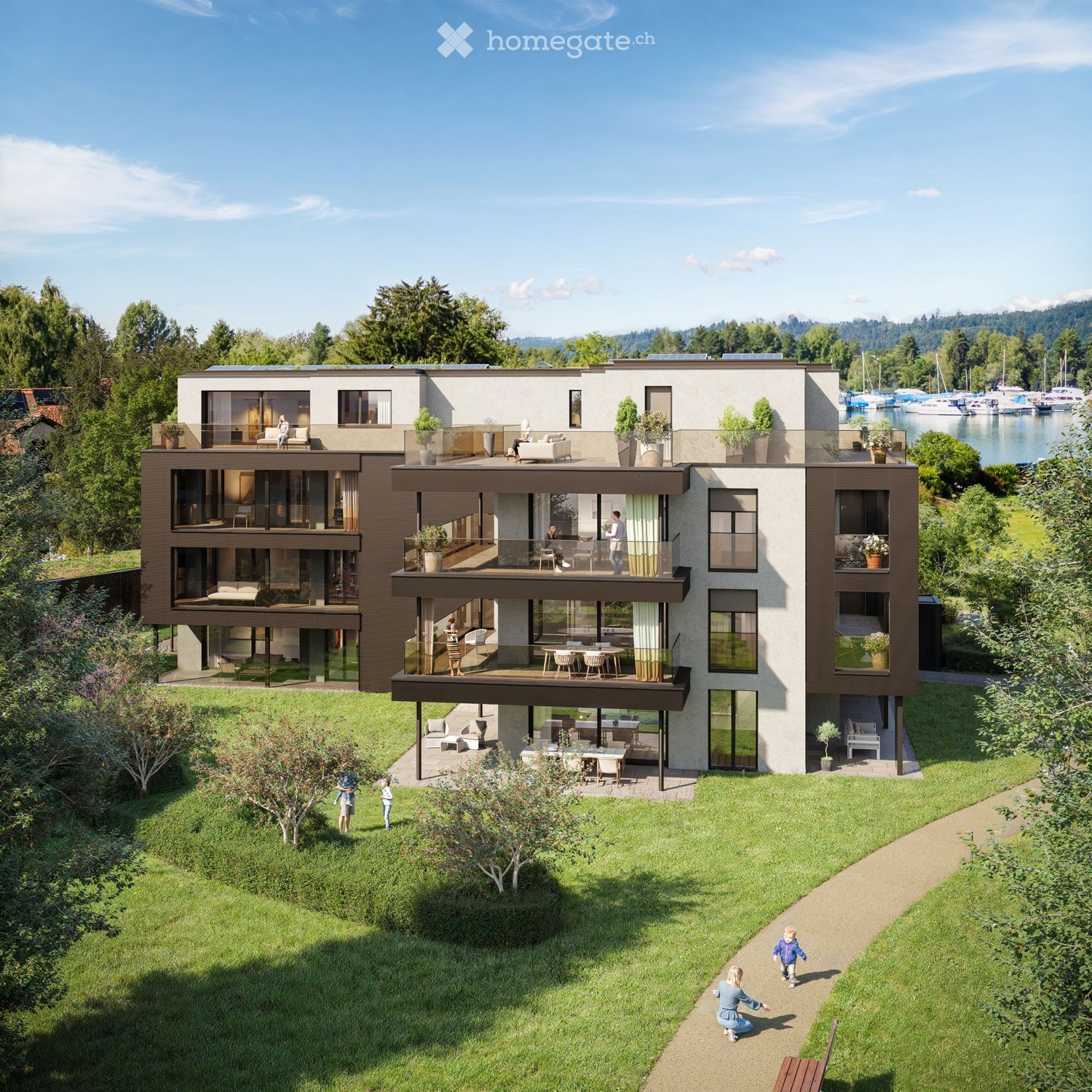 Modern two-story house with large windows, balconies, and outdoor seating areas, surrounded by a well-maintained garden and located near a waterfront with boats.