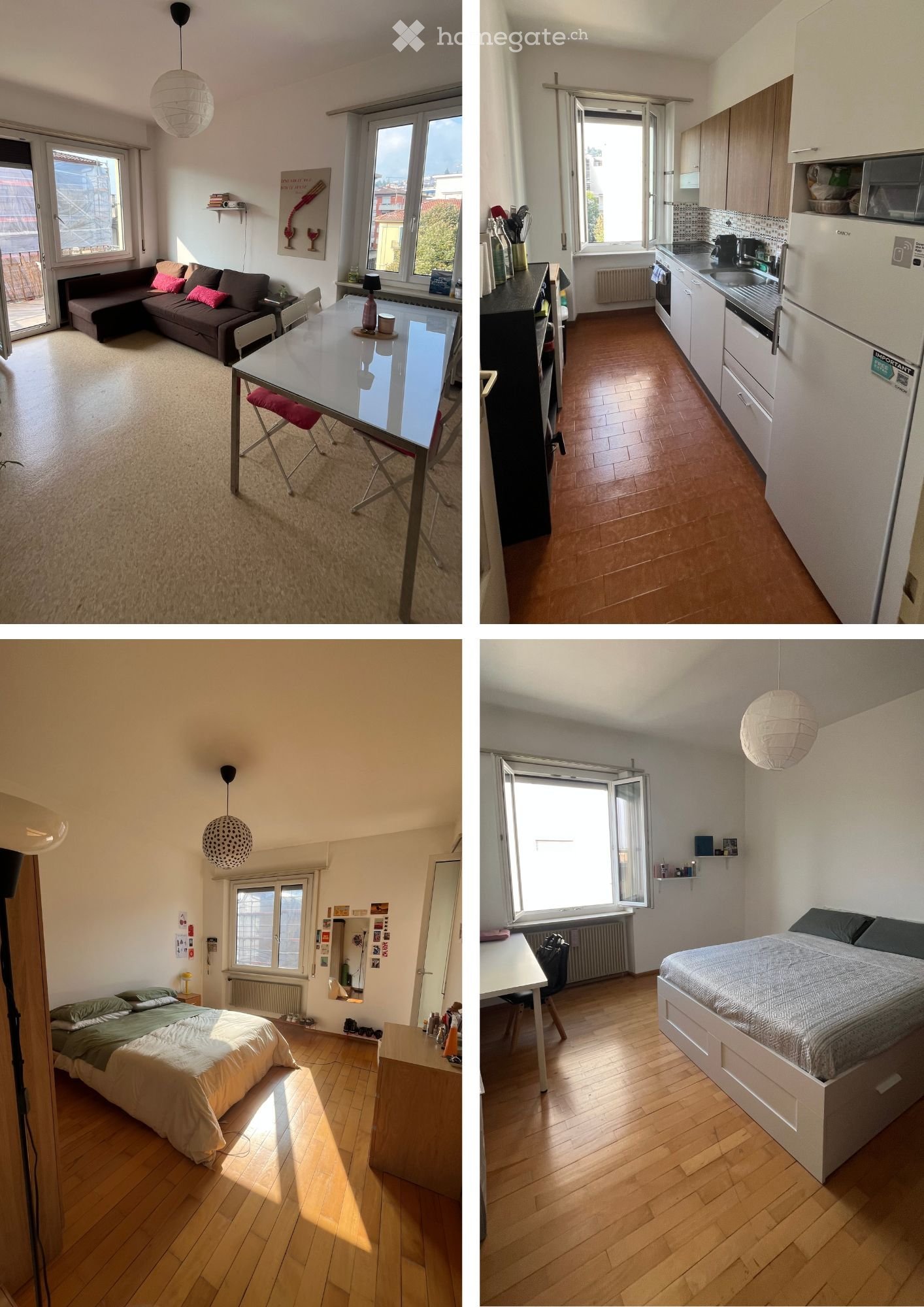 Four images showing a furnished apartment with a living room, kitchen, and bedroom. The living room features a sofa, coffee table, and dining table with chairs. The kitchen has modern cabinets, a refrigerator, microwave, oven, and stove. The bedroom inclu