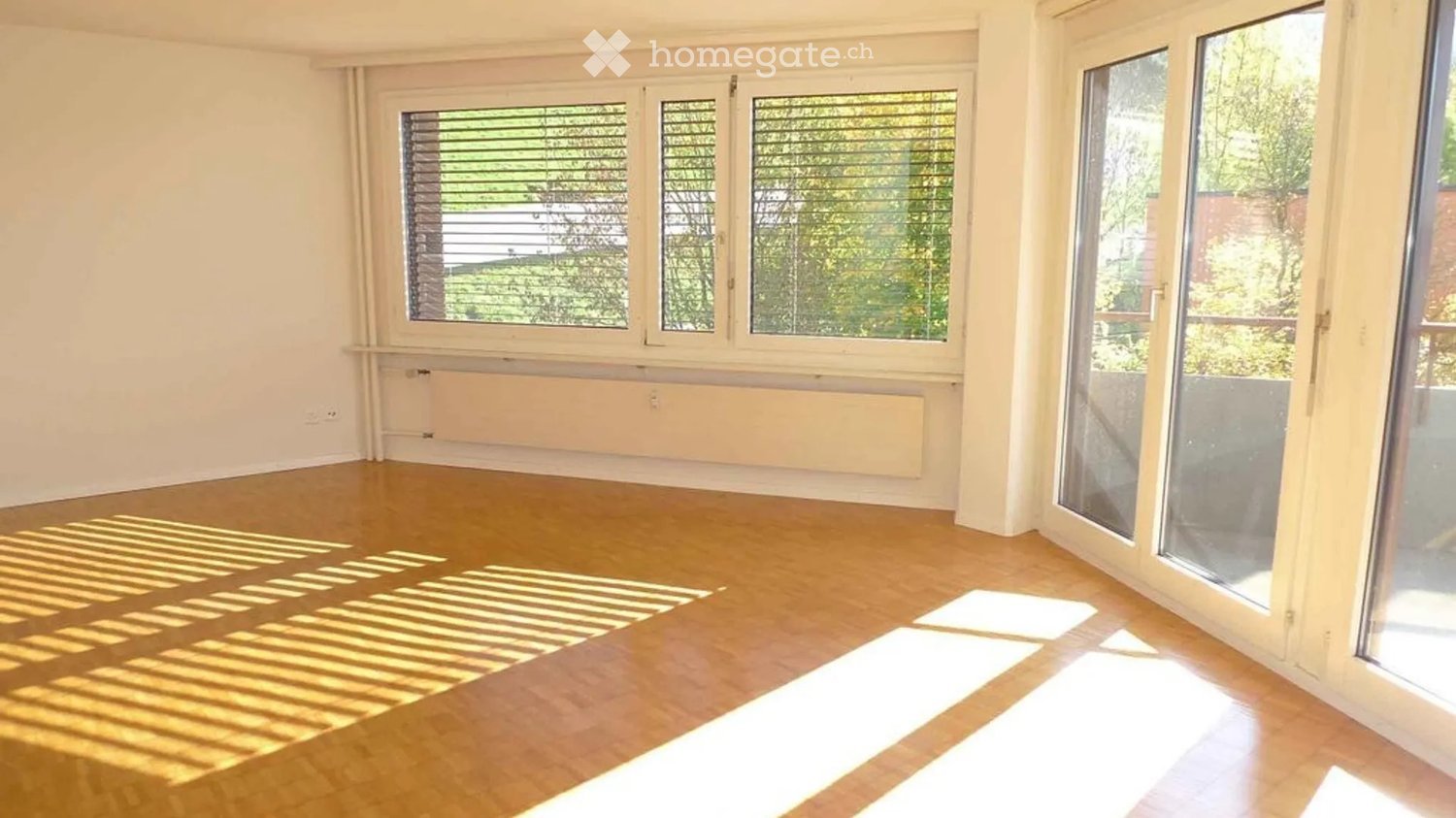 Empty room with wooden flooring, large windows, and a radiator under the windows. No furniture or equipment present.