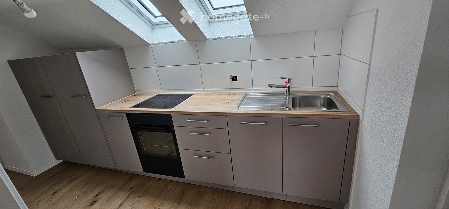 Modern kitchen with grey cabinets, wooden countertop, stainless steel sink, and built-in oven. Features skylight windows for natural light.