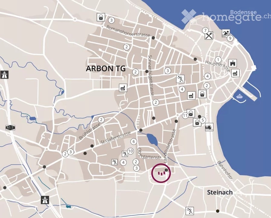 Map of Arbon TG showing streets, landmarks, and numbered points of interest.