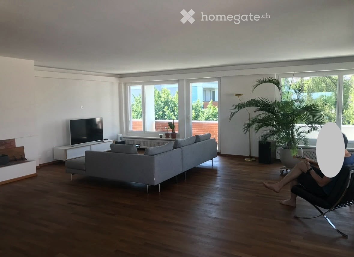 Modern living room with large windows offering a view, featuring a grey sectional sofa, flat-screen TV, fireplace, and a potted plant near the window.