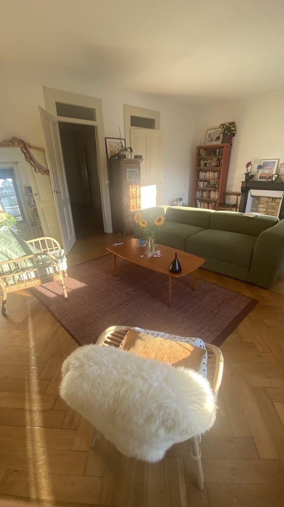 Bright living room with wooden flooring, green sofa, coffee table with a flower vase, a wicker chair with a white fur throw, bookshelf, and a fireplace.