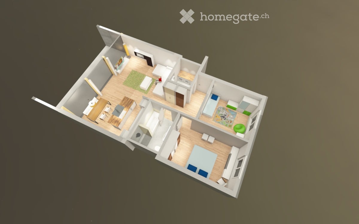 3D floor plan of a 3-bedroom, 2-bathroom apartment with an open-concept living and dining area, kitchen, and separate play area.