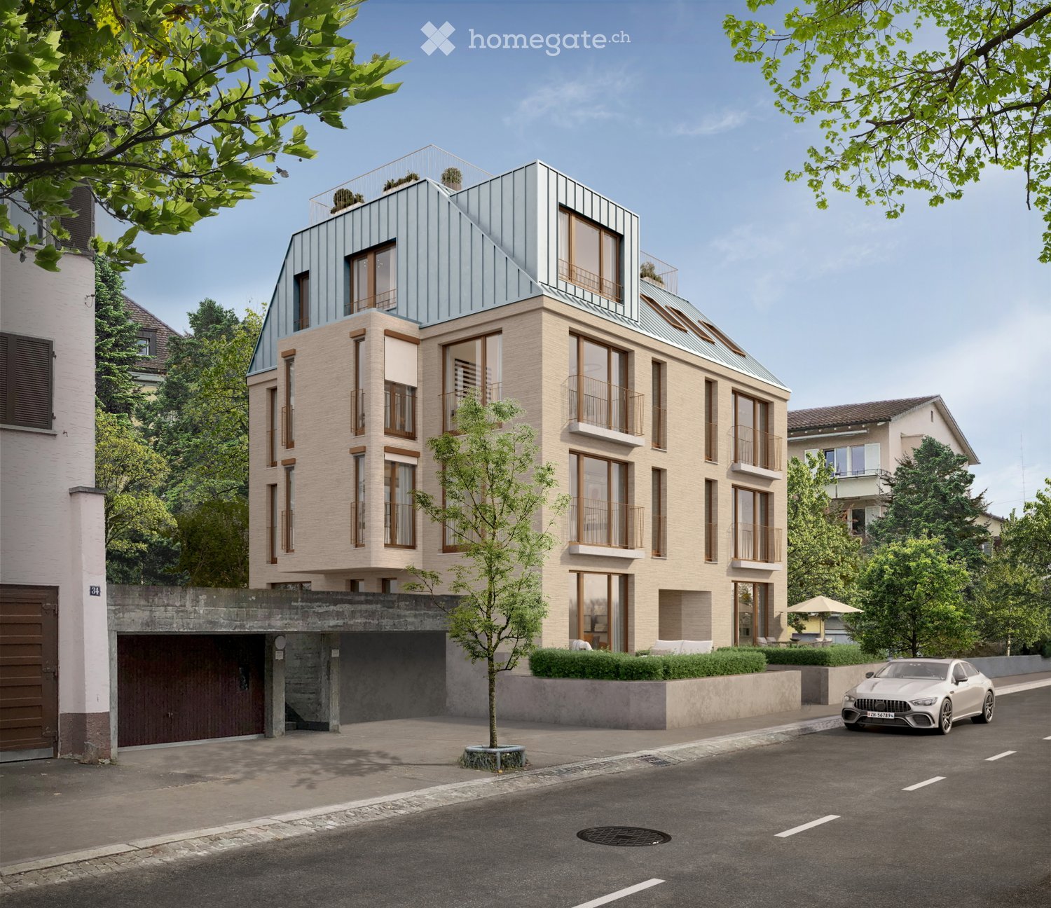 Modern multi-story residential building with a sleek, contemporary design, featuring large windows, balconies, and a rooftop terrace. The building has a light beige facade with wooden window frames and a modern metal roof. A small tree is planted in front