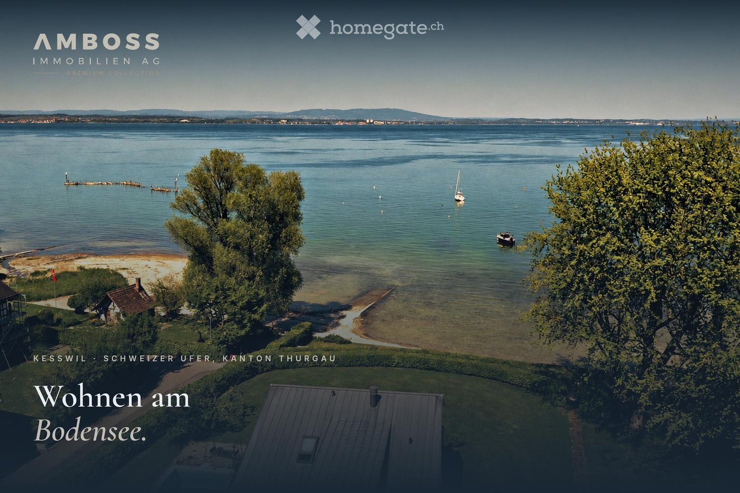 Aerial view of a lakeside area with a sandy beach, trees, a small dock, and boats on the water. The scene includes a house with a sloped roof and a pathway leading to the water.