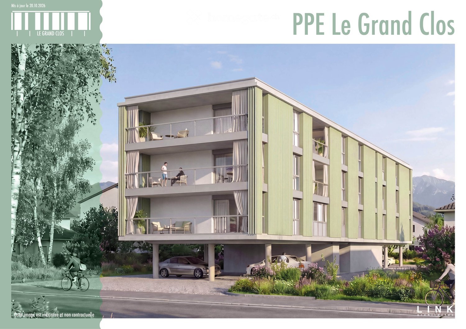 Modern three-story apartment building with balconies, green facade, and parking area below. Features include outdoor seating on balconies and landscaped surroundings.