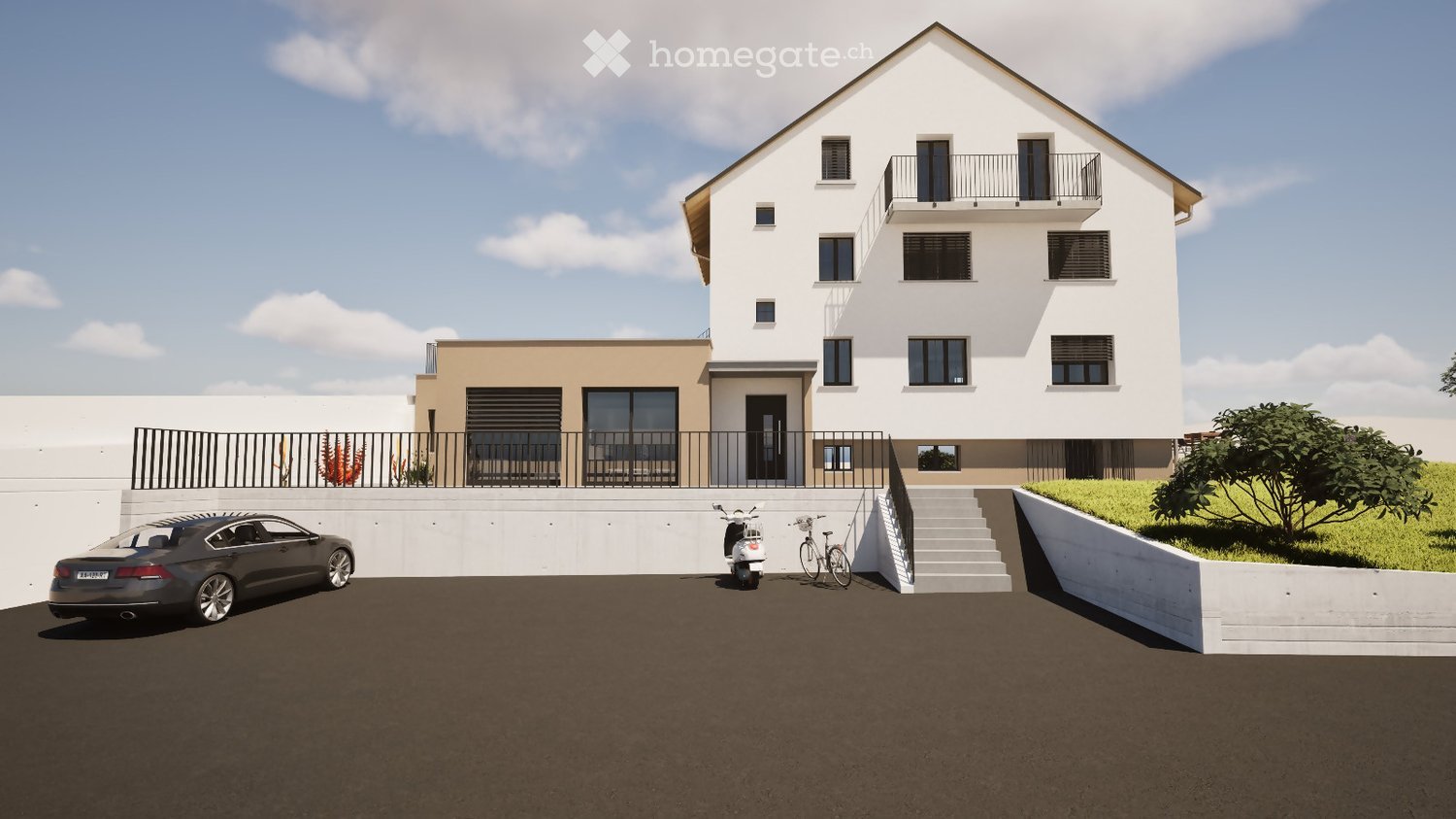 Modern two-story house with white and beige exterior, raised ground floor, balcony, and parking area.