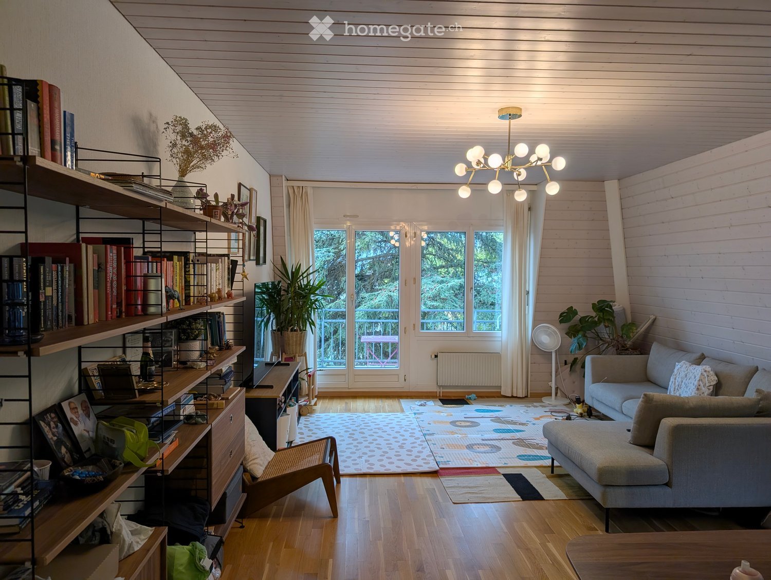 Bright living room with wooden floors, white paneled ceiling, large windows, and a view of greenery. Features a grey sofa, coffee table, bookshelf, and a small fan.