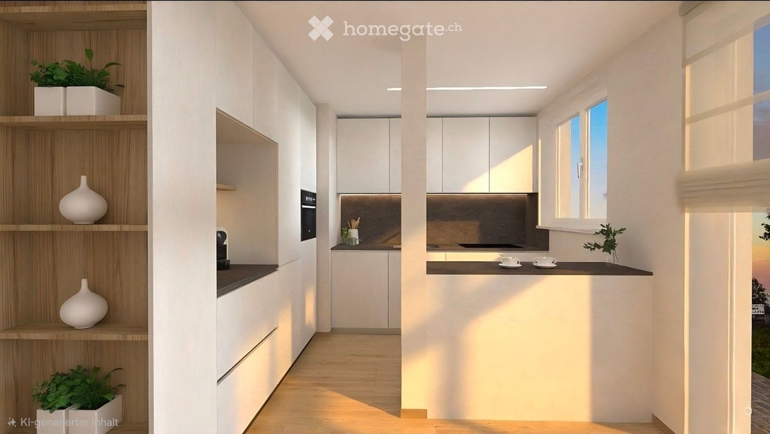 Modern kitchen with white cabinets, wooden shelves, and a black countertop. Features include a built-in oven, a coffee maker, decorative vases, and potted plants.