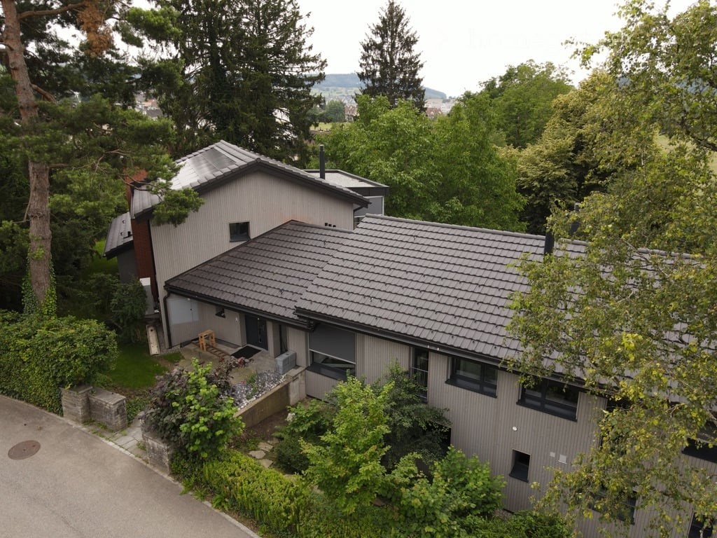 Modern two-story house, gray roof, windows with shutters, surrounded by trees