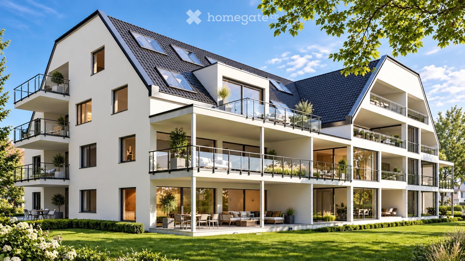 Modern two-story house with white exterior, multiple balconies, large windows, and a well-maintained lawn.